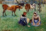 Писcарро Сидящие крестьяне приглядывают за коровами 1886г